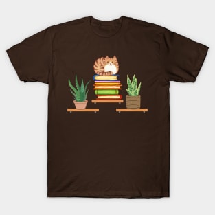 Plants, Cats And Books - Bookish Cat Aesthetic - Cat On A Bookshelf T-Shirt